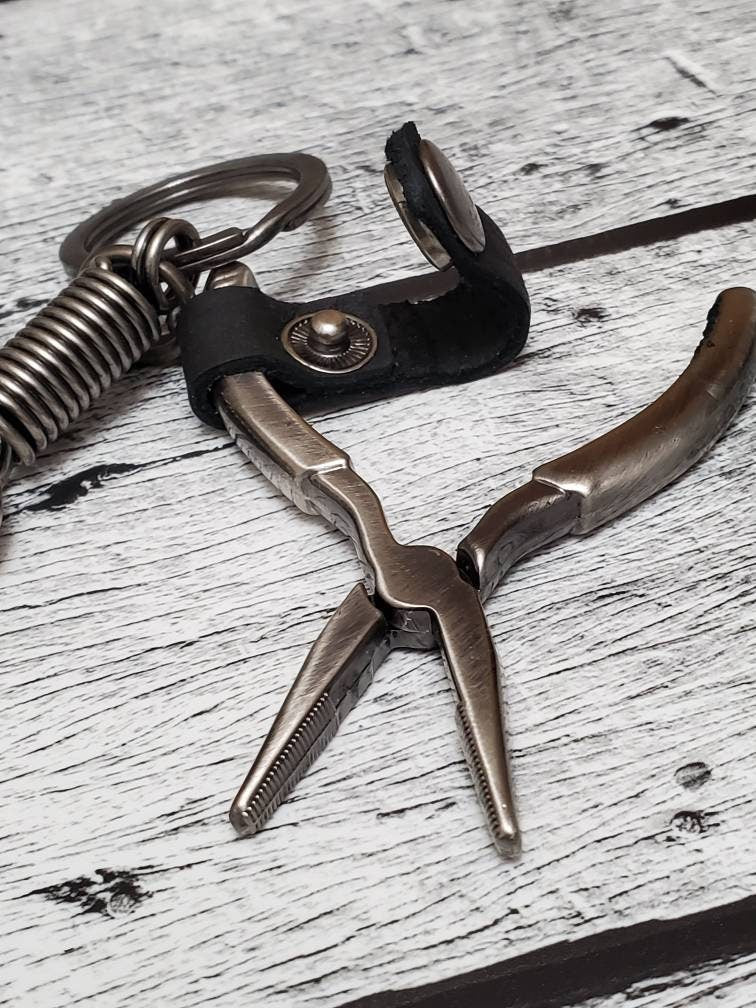 Stainless Steel Key Chain, Needle Nose Pliers & Leather Keychain, Tool Key Chain, Gift for him, Men, Multi Use Tool, Mechanic, Contractor