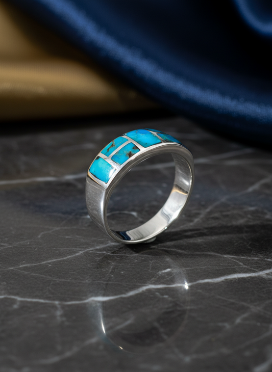 Men’s Turquoise Signet Ring – Sterling Silver 925, Genuine Turquoise Stone, 8.2mm Face