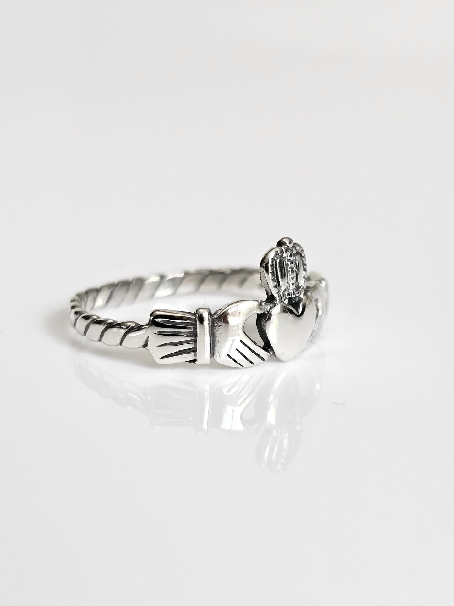 Sterling Silver Flat Rope Claddagh Ring with Oxidized Finish — Love, Loyalty & Friendship