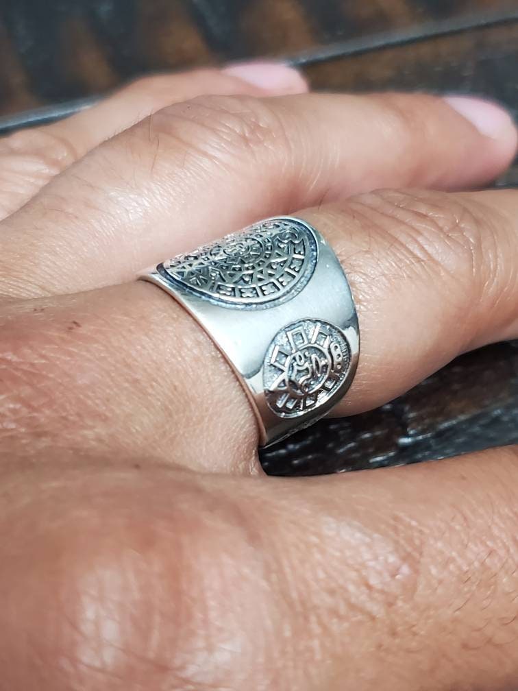 Sterling Silver Aztec Calendar Ring: Large Mens Band, Sizes 7-15