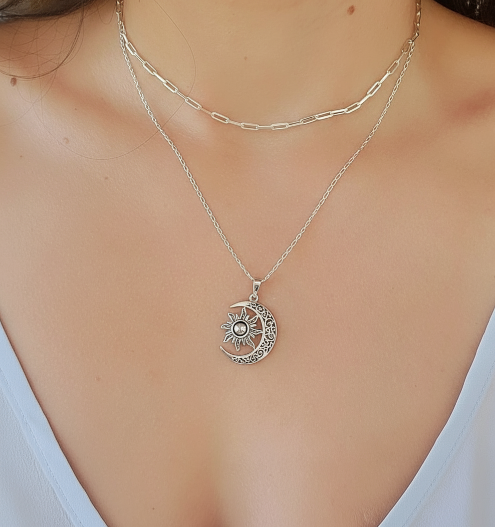 Silver Moon Over The Sun Chain and Pendant