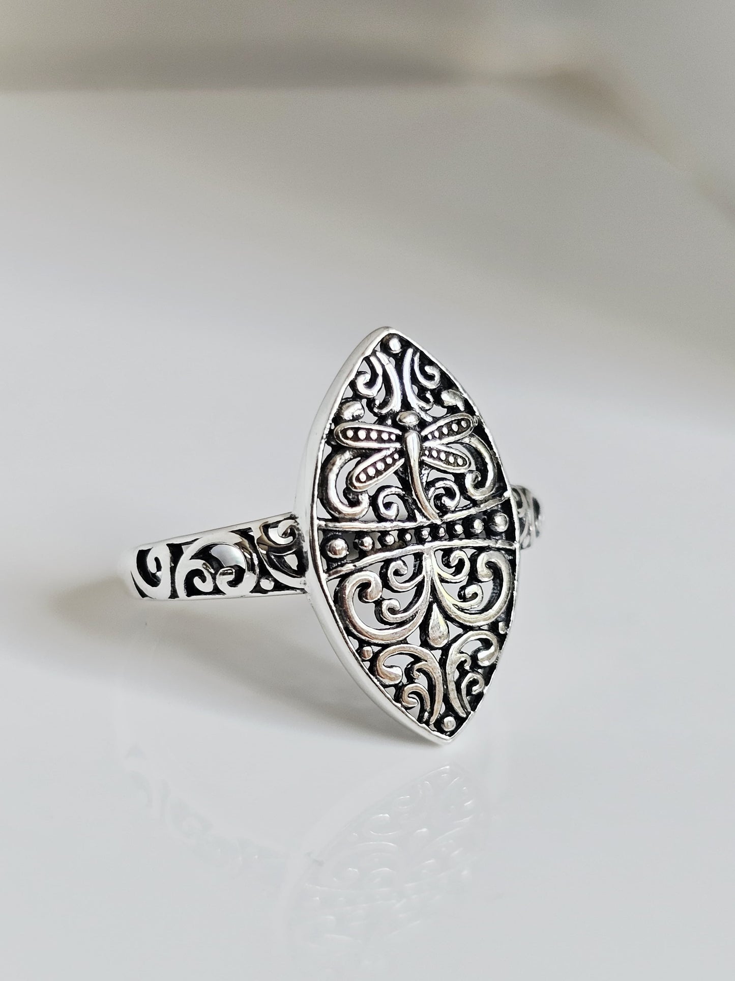 Sterling Silver Dragonfly Ring | 925 Vine Marquise Ring | Oxidized Silver Nature Jewelry | Minimalist Non-Tarnish Ring for Women