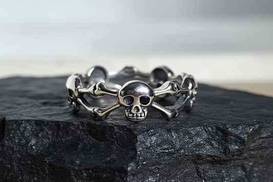 Sterling Silver Skull and Crossbones Ring – Gothic Eternity Band, Unisex, Oxidized Finish, Halloween Jewelry
