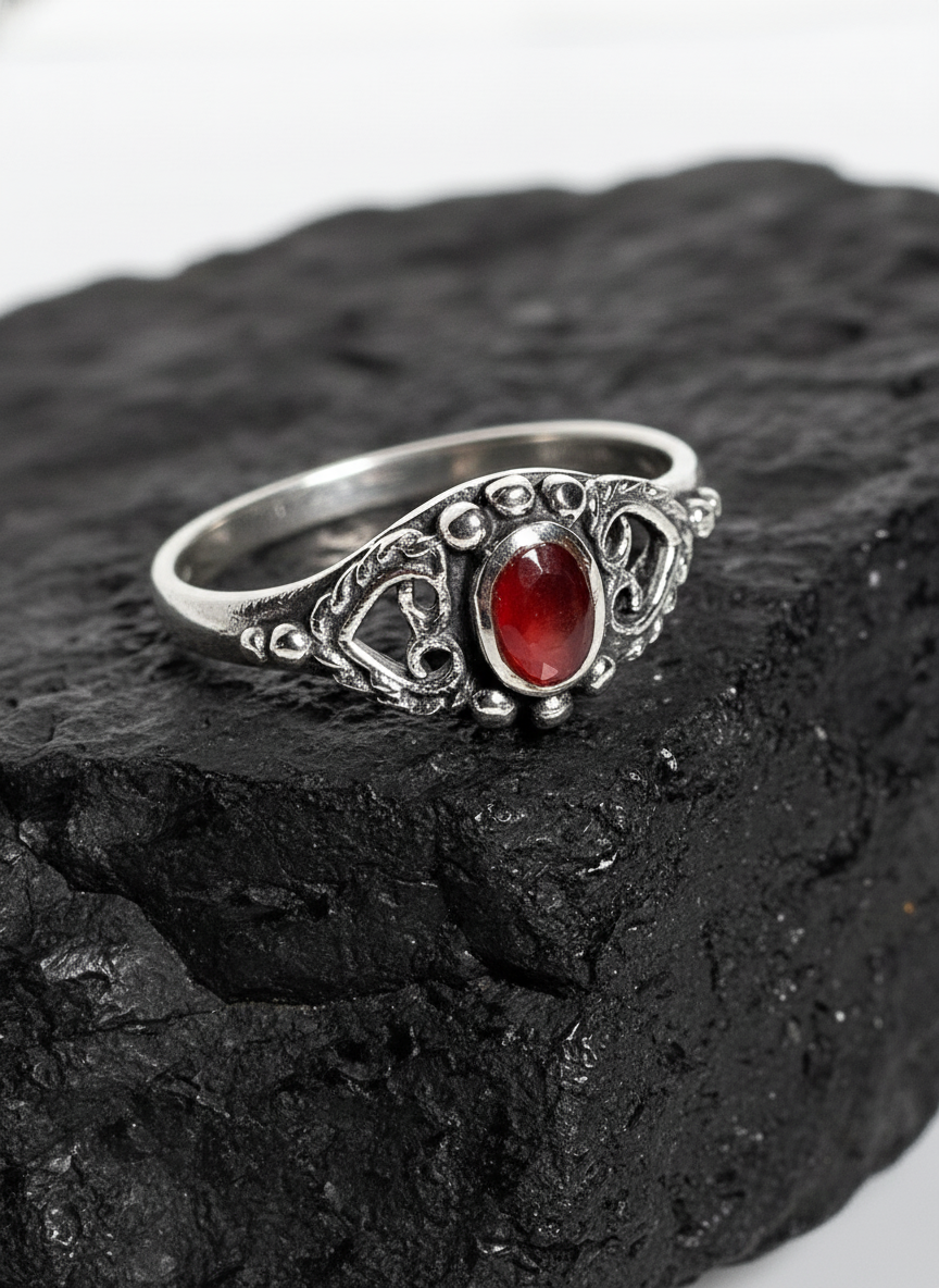 Sterling Silver Signet Ring with Red Agate Stone - Unisex 8mm Face, 2mm Band