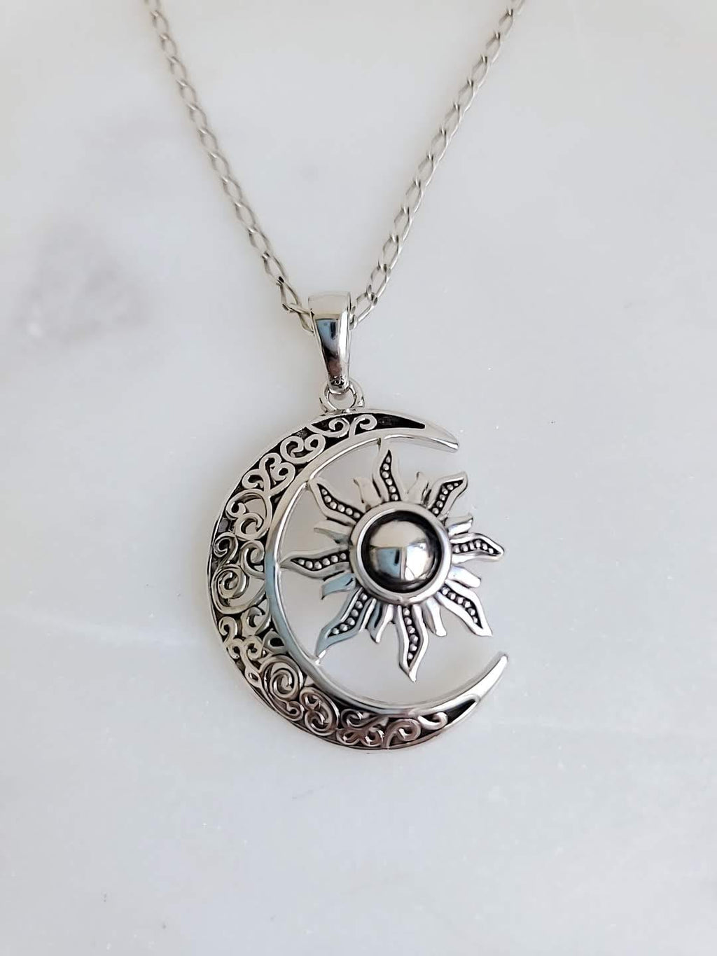 Silver Moon Over The Sun Chain and Pendant