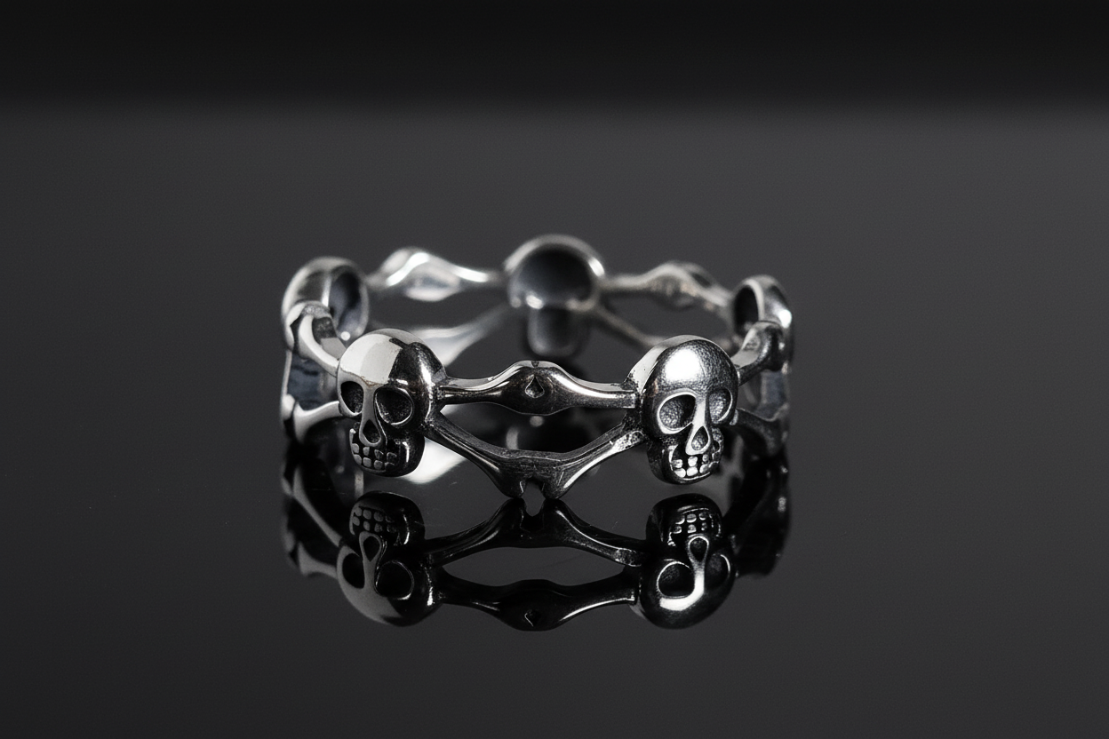 Sterling Silver Skull and Crossbones Ring – Gothic Eternity Band, Unisex, Oxidized Finish, Halloween Jewelry