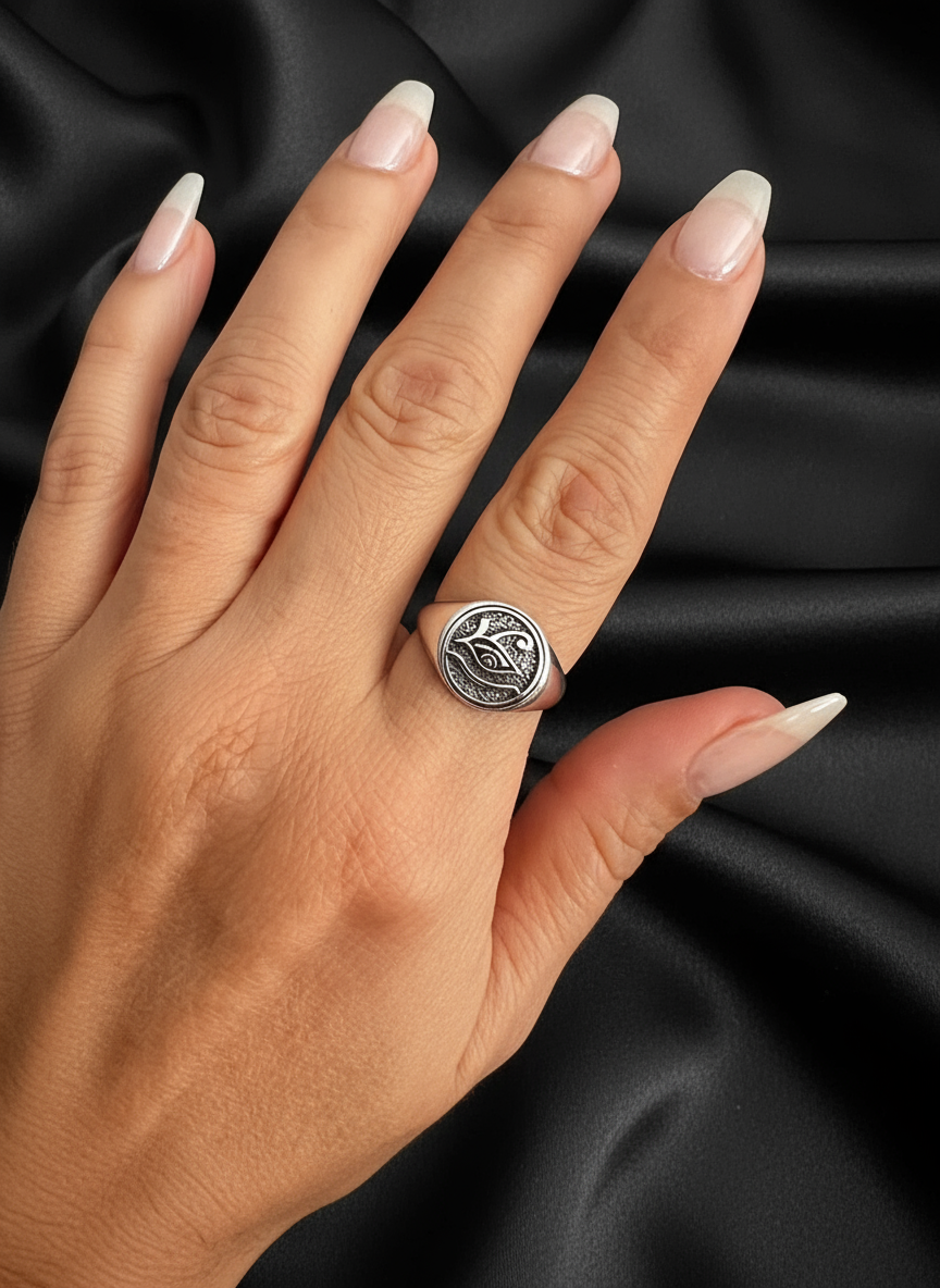 Eye of Horus Ring Sterling Silver, 12mm Face Height, Oxidized Finish | Ancient Egyptian Jewelry