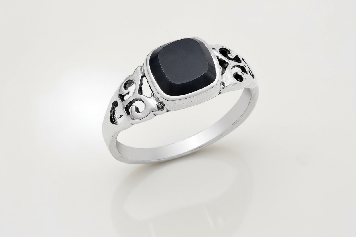 Onyx Sterling Silver Ring: Thin Band, Celtic Claddagh Design