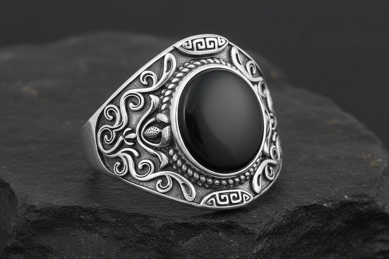Oxidized Sterling Silver Onyx Signet Ring: Bohemian Unisex Design