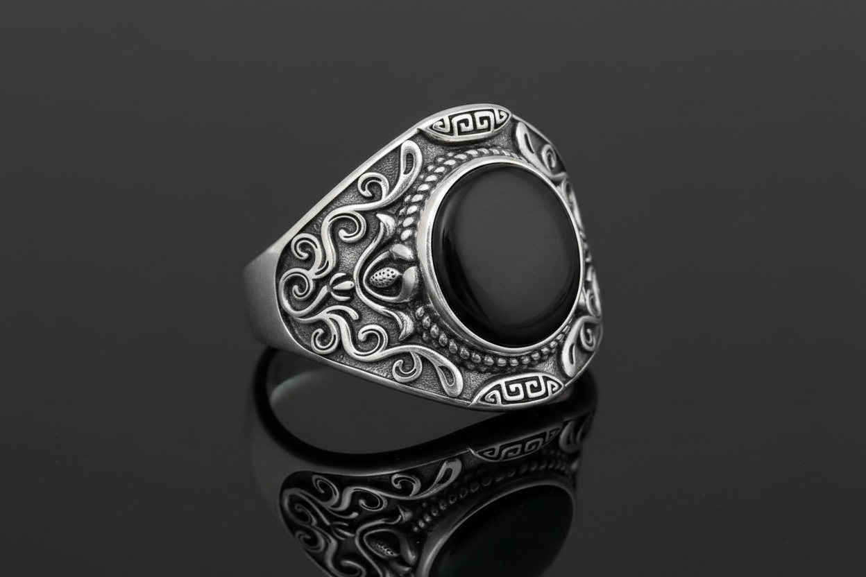 Oxidized Sterling Silver Onyx Signet Ring: Bohemian Unisex Design