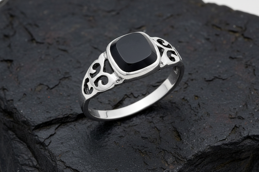 Onyx Sterling Silver Ring: Thin Band, Celtic Claddagh Design