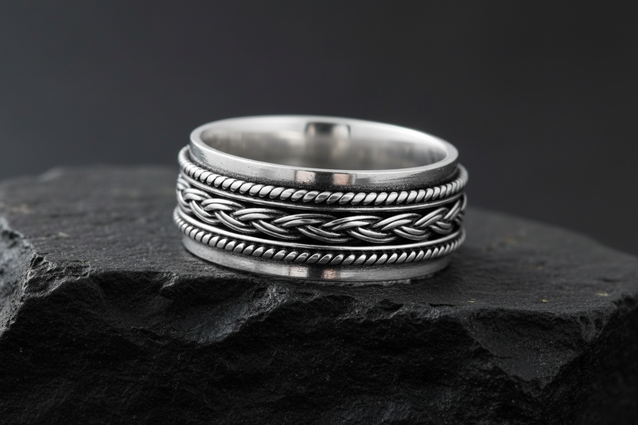 Braided Rope Sterling Silver Spinner Ring: 8mm Oxidized Wedding Band