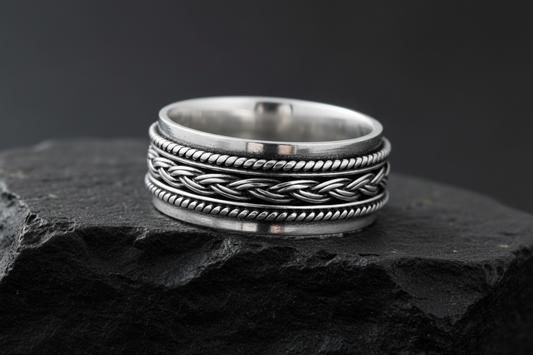 Braided Rope Sterling Silver Spinner Ring: 8mm Oxidized Wedding Band