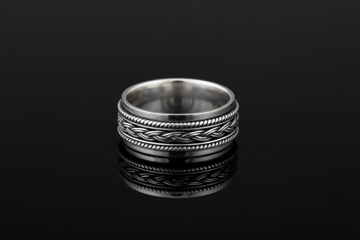 Braided Rope Sterling Silver Spinner Ring: 8mm Oxidized Wedding Band