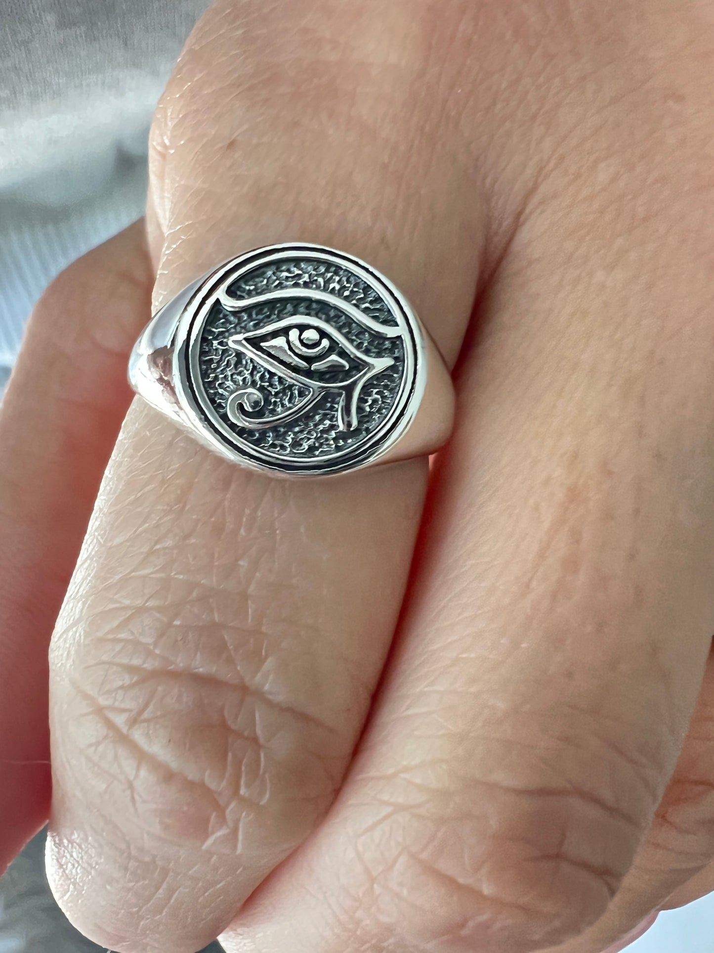 Eye of Horus Ring Sterling Silver, 12mm Face Height, Oxidized Finish | Ancient Egyptian Jewelry