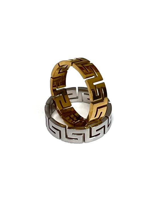 Unisex 6mm Greek Key Ring – PVD Gold or Silver Band, Timeless Durable Wedding & Daily Wear Jewelry