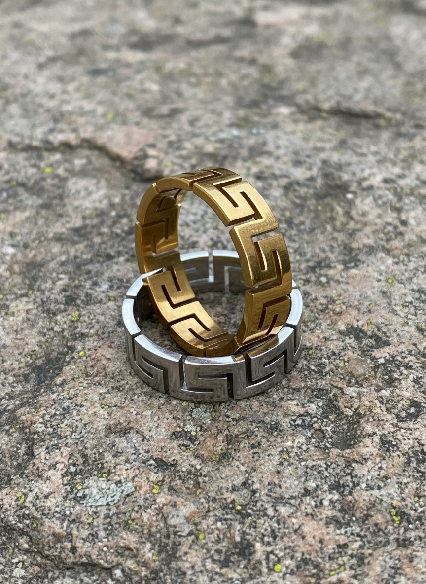 Unisex 6mm Greek Key Ring – PVD Gold or Silver Band, Timeless Durable Wedding & Daily Wear Jewelry