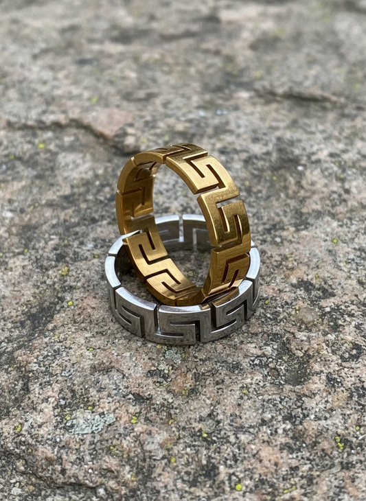 Unisex 6mm Greek Key Ring – PVD Gold or Silver Band, Timeless Durable Wedding & Daily Wear Jewelry