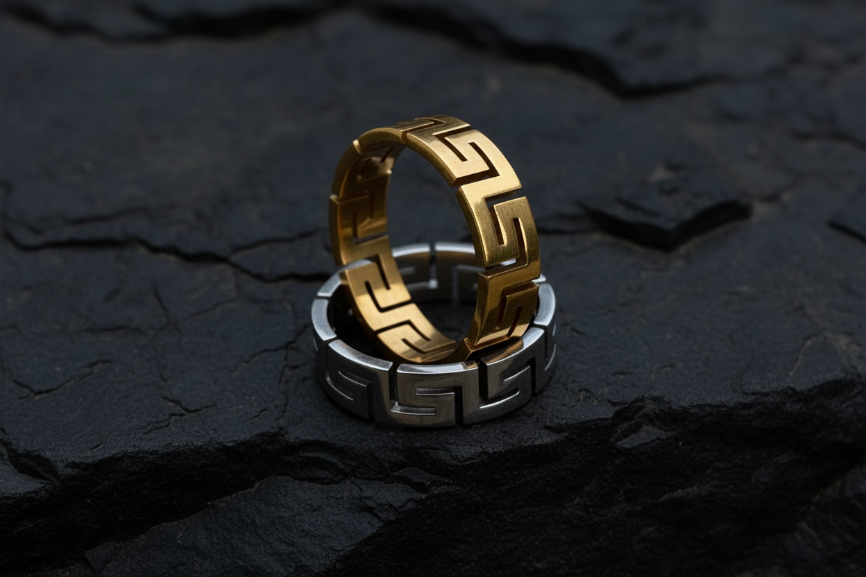 Unisex 6mm Greek Key Ring – PVD Gold or Silver Band, Timeless Durable Wedding & Daily Wear Jewelry