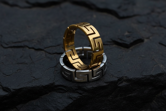 Unisex 6mm Greek Key Ring – PVD Gold or Silver Band, Timeless Durable Wedding & Daily Wear Jewelry