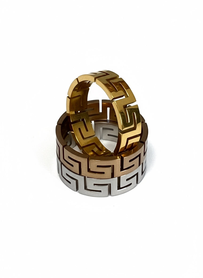 Unisex 6mm Greek Key Ring – PVD Gold or Silver Band, Timeless Durable Wedding & Daily Wear Jewelry