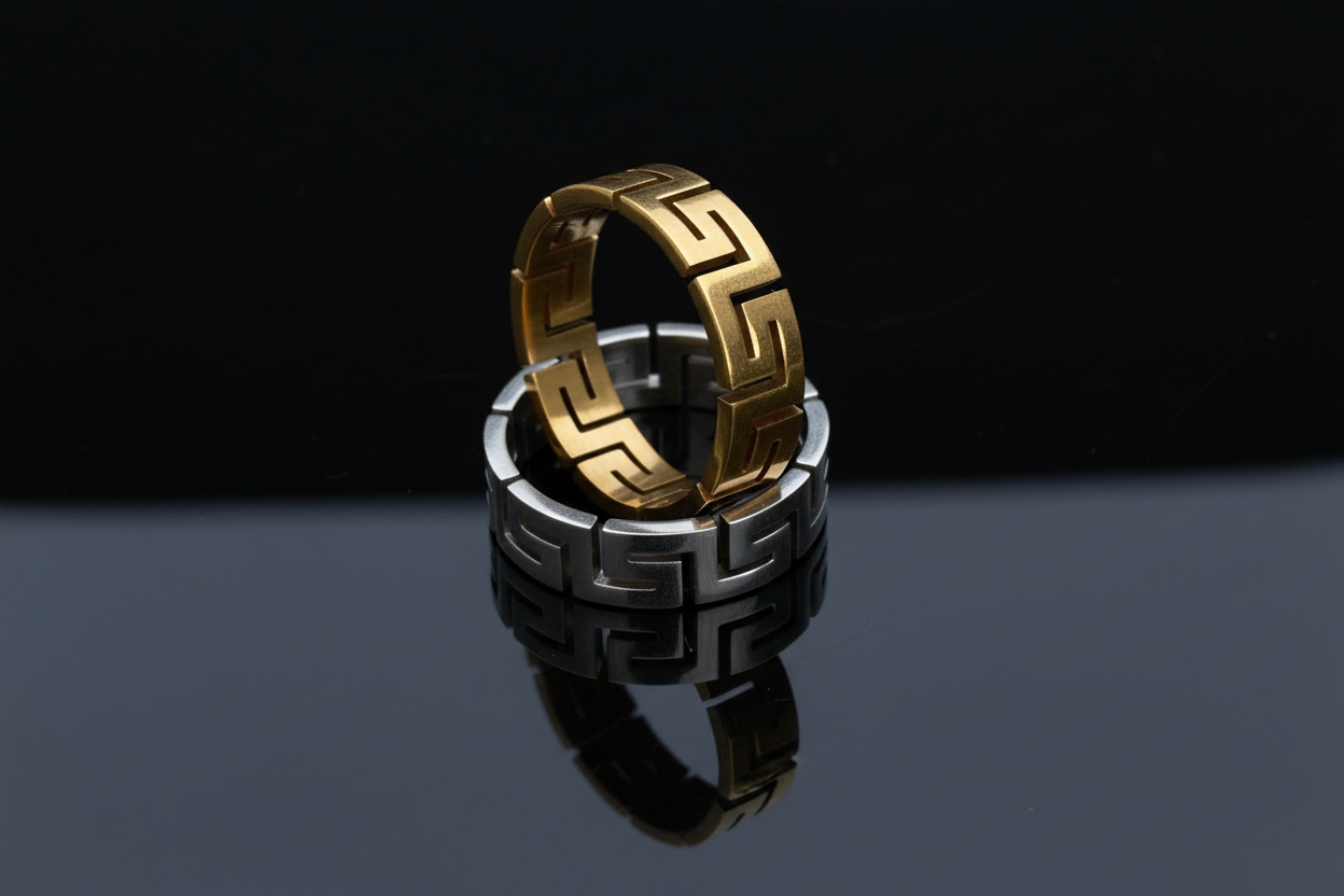 Unisex 6mm Greek Key Ring – PVD Gold or Silver Band, Timeless Durable Wedding & Daily Wear Jewelry