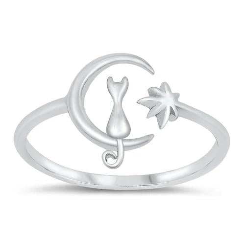 Cat on Moon Ring White Lab Opal or Plain Silver– Dainty Sterling Silver 925, Adjustable Thin Band, Cat & North Star Jewelry, Boho Gift