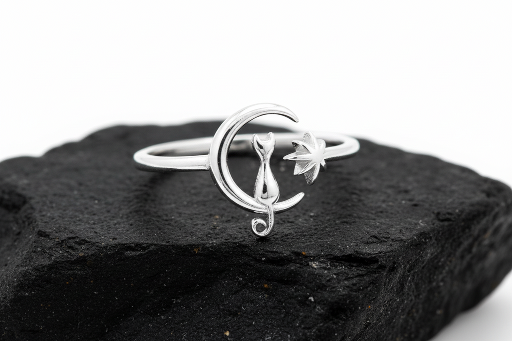 Cat on Moon White Opal Ring – 925 Sterling Silver