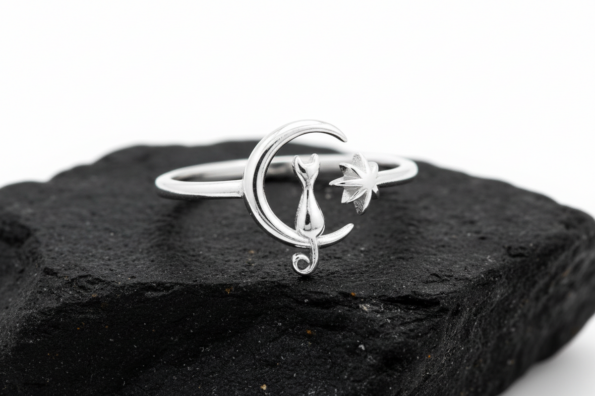 Cat on Moon White Opal Ring – 925 Sterling Silver