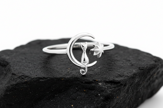 Cat on Moon Ring White Lab Opal or Plain Silver– Dainty Sterling Silver 925, Adjustable Thin Band, Cat & North Star Jewelry, Boho Gift