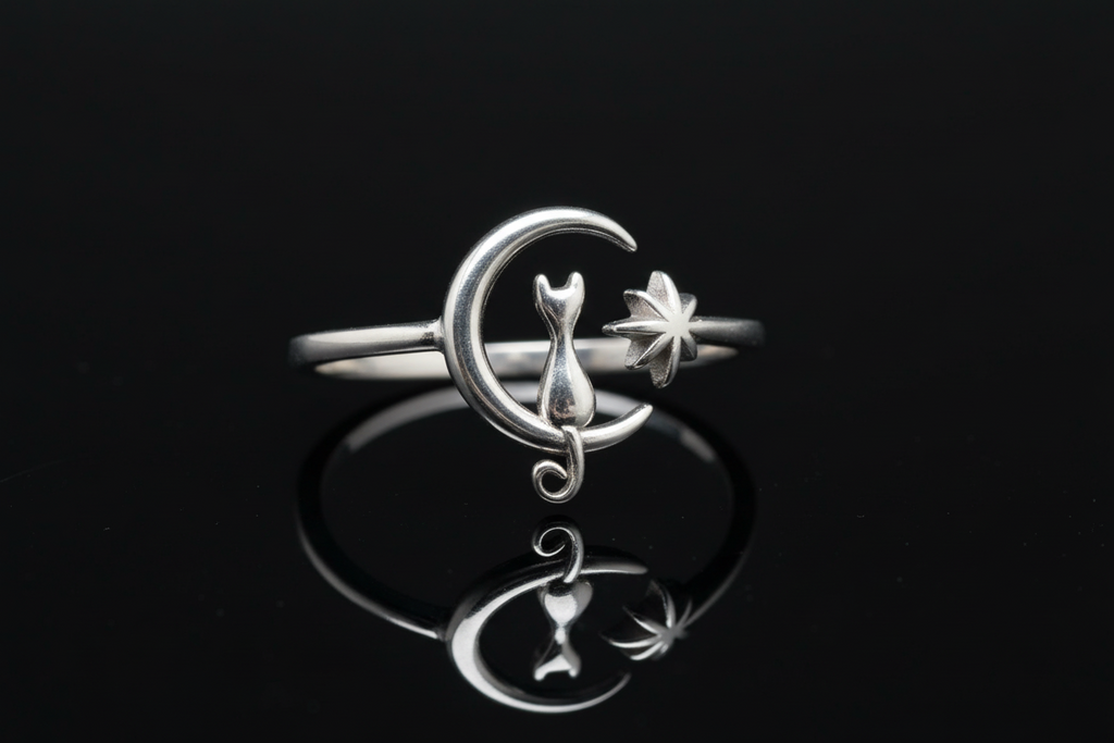 Cat on Moon White Opal Ring – 925 Sterling Silver