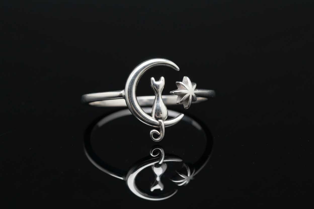 Cat on Moon Ring White Lab Opal or Plain Silver– Dainty Sterling Silver 925, Adjustable Thin Band, Cat & North Star Jewelry, Boho Gift