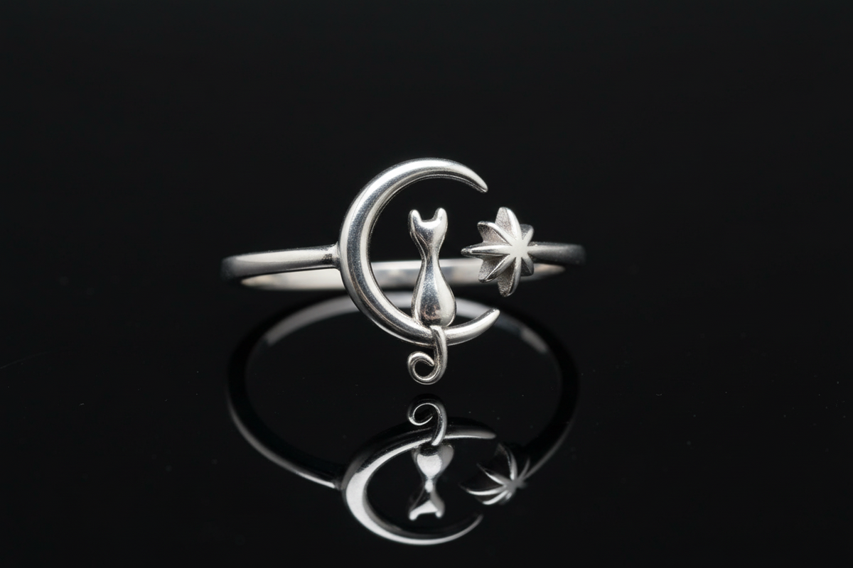 Cat on Moon White Opal Ring – 925 Sterling Silver