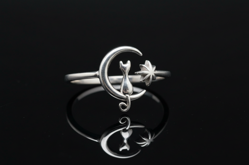 Cat on Moon White Opal Ring – 925 Sterling Silver
