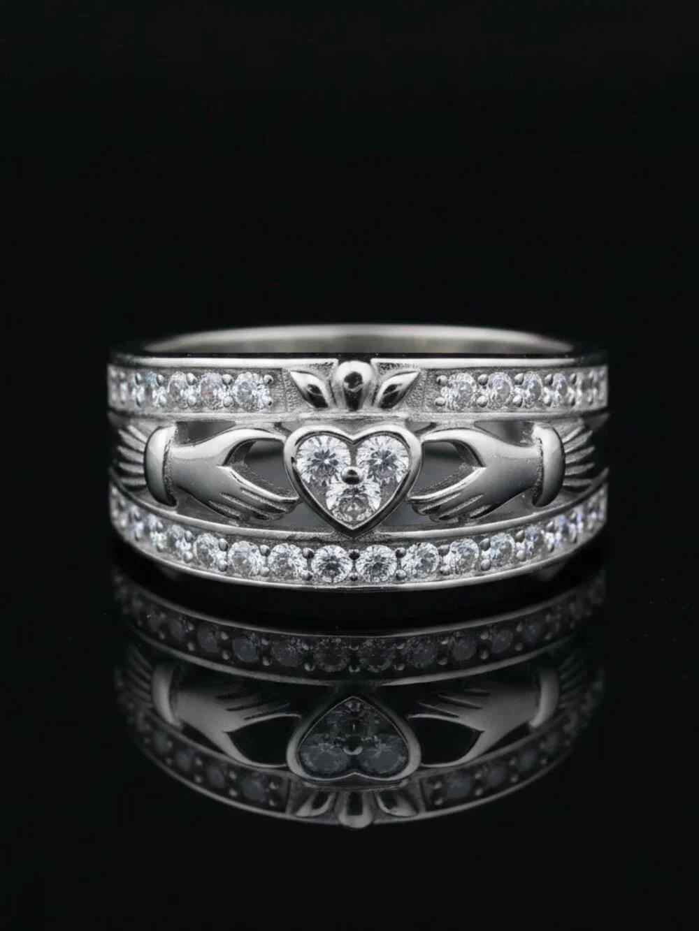 Sterling Silver Claddagh Ring w/ Clear CZ Stone - 9mm Face Height