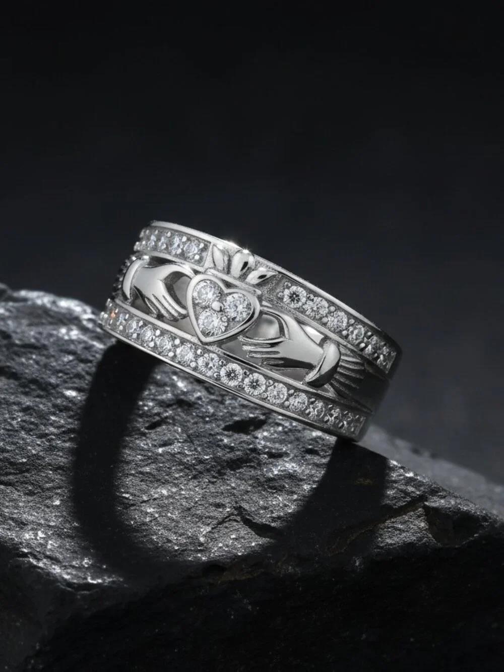 Sterling Silver Claddagh Ring w/ Clear CZ Stone - 9mm Face Height