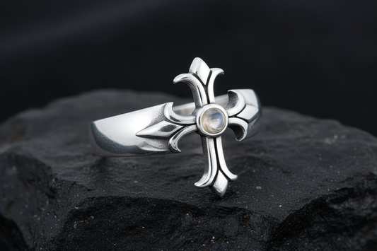 Sterling Silver Moonstone Eye Cross Ring: Medieval Gothic Jewelry