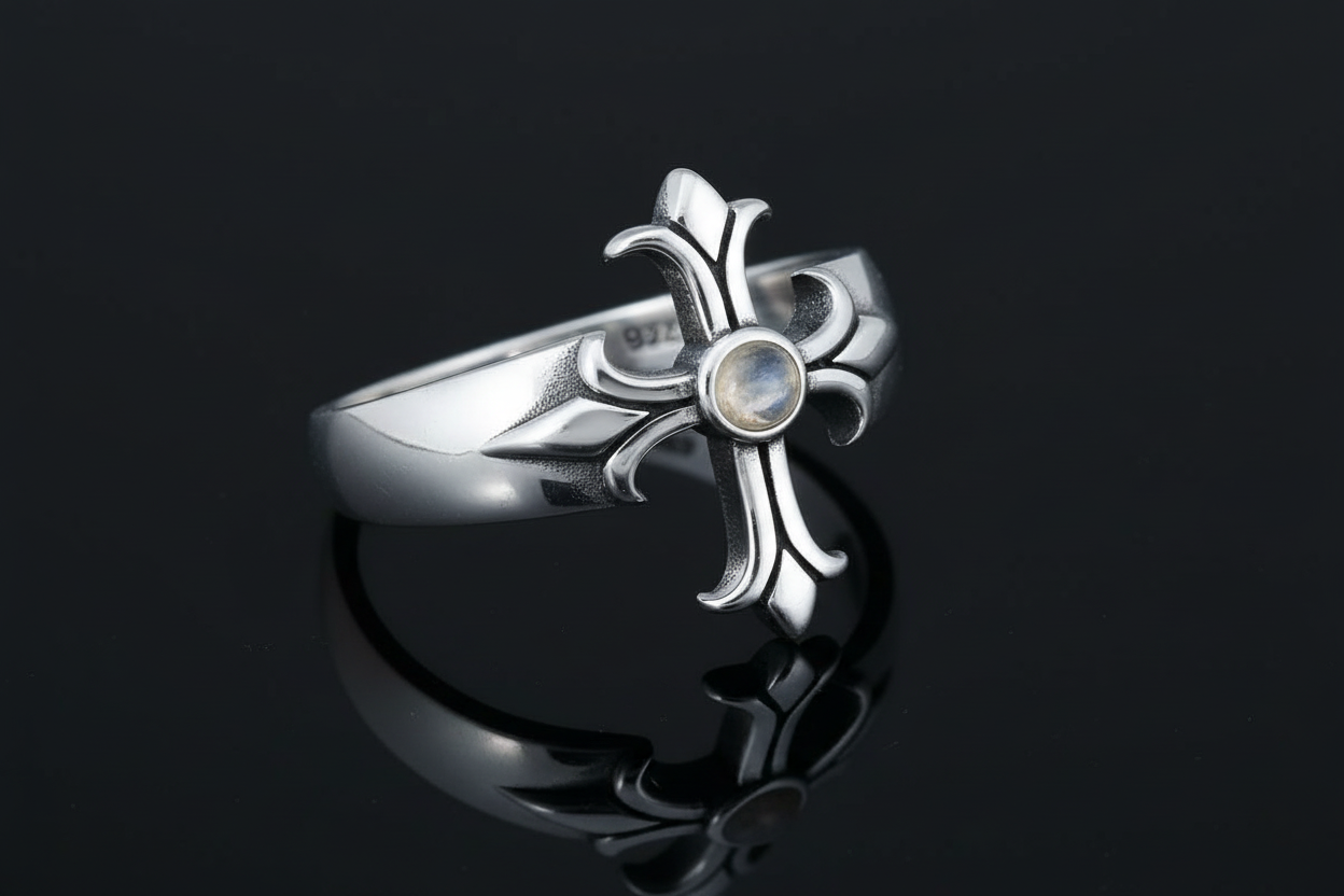 Sterling Silver Moonstone Eye Cross Ring: Medieval Gothic Jewelry