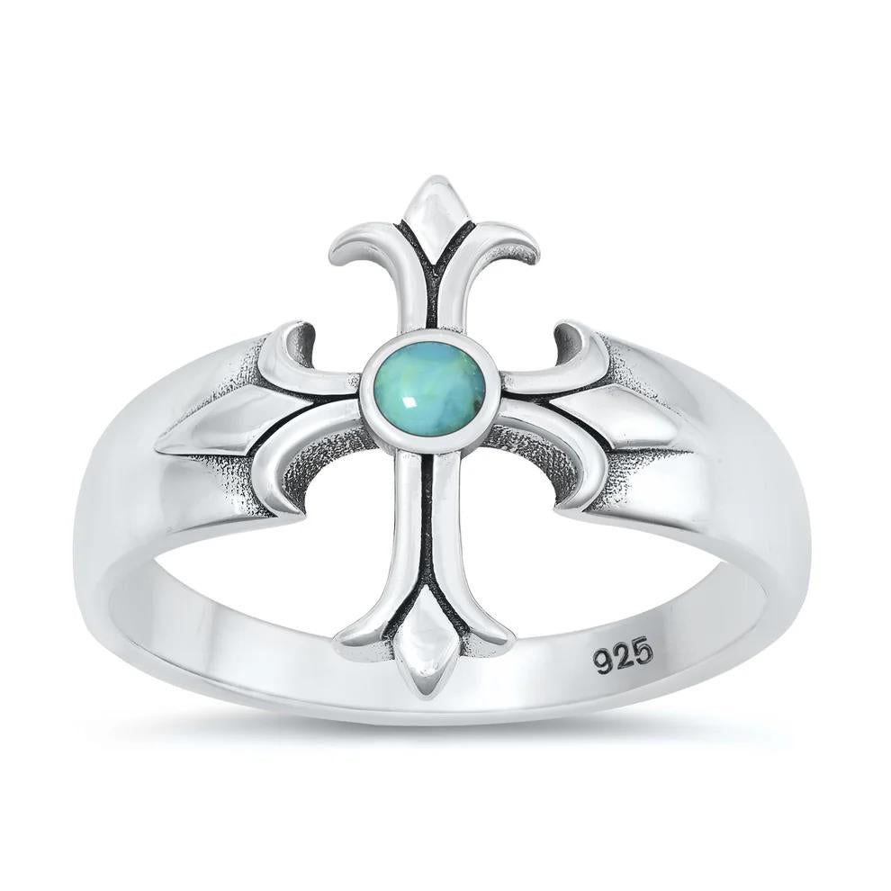 Sterling Silver Turquoise Eye Cross Ring: Medieval Biker Jewelry