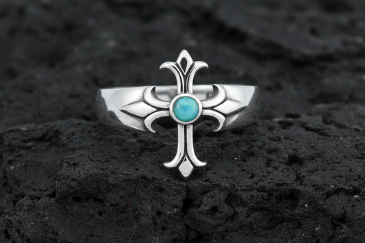 Sterling Silver Turquoise Eye Cross Ring: Medieval Biker Jewelry