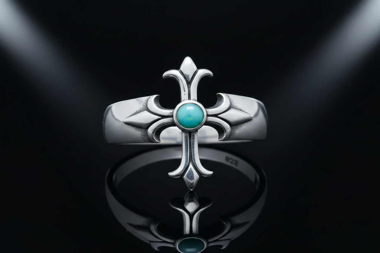Sterling Silver Turquoise Eye Cross Ring: Medieval Biker Jewelry