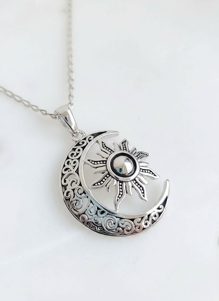 Silver Moon Over The Sun Chain and Pendant