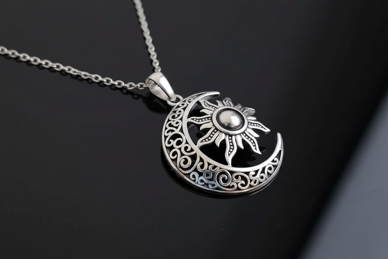 Silver Moon Over The Sun Chain and Pendant