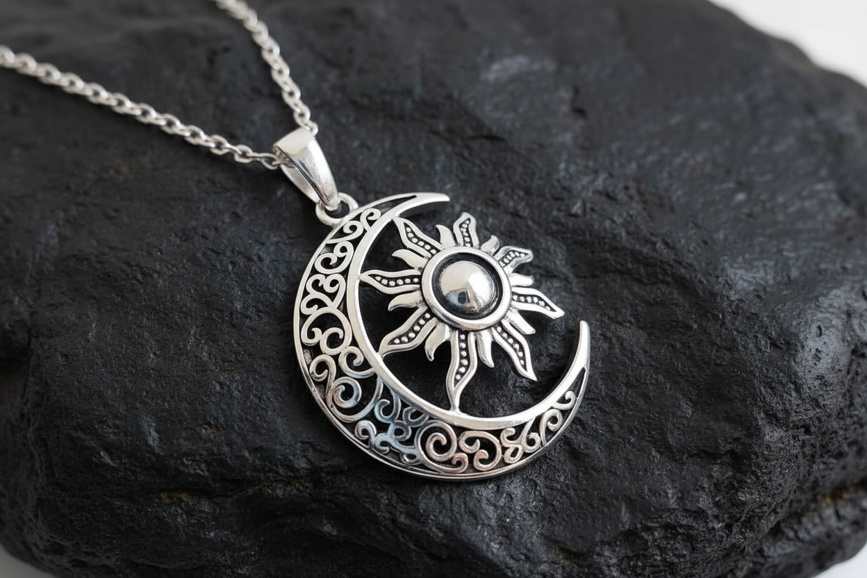 Silver Moon Over The Sun Chain and Pendant