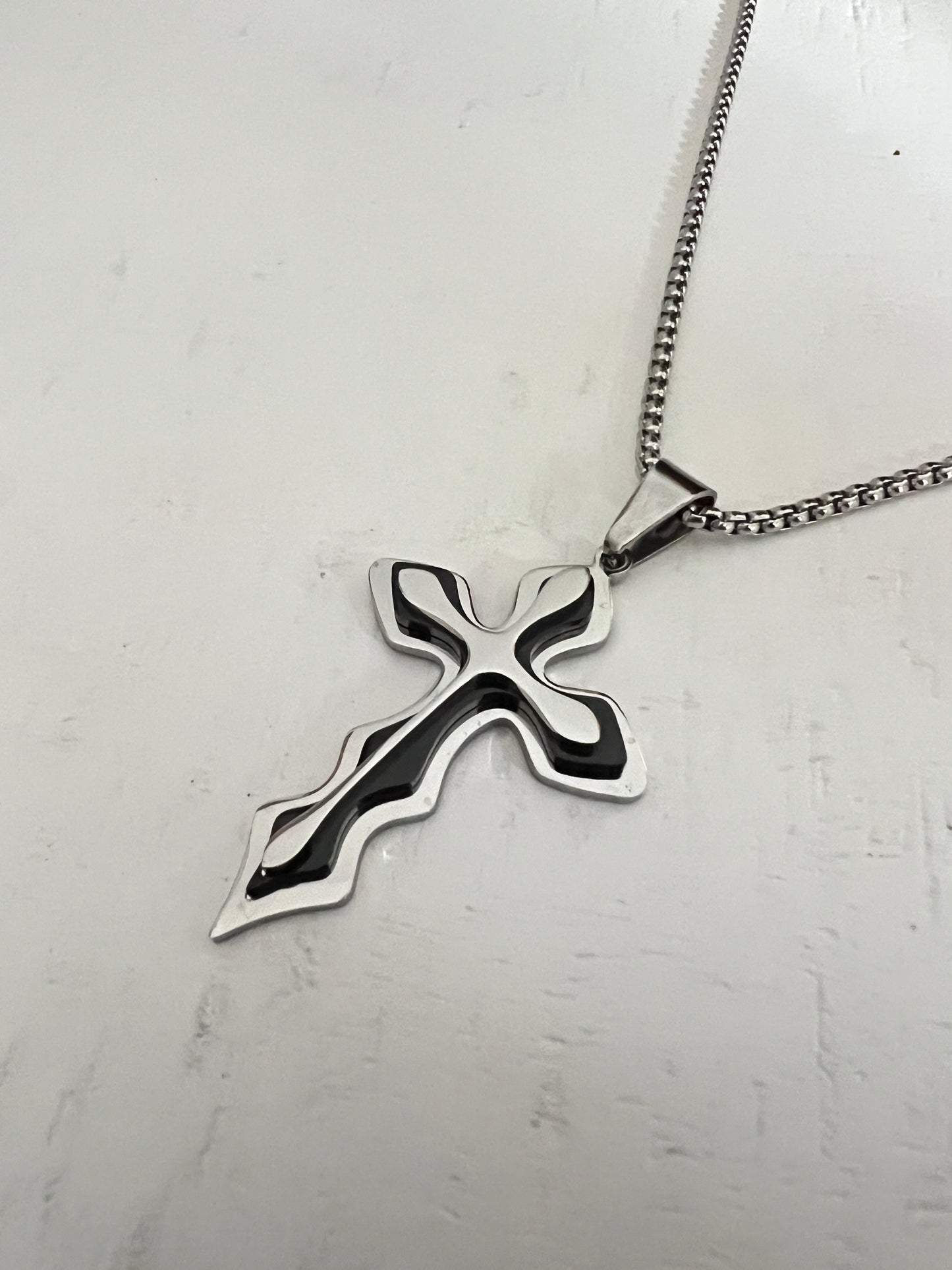 Men's Medieval Stainless Steel Cross and Hydro Black Chain Pendant, non-tarnishing hydro black and silver finish.