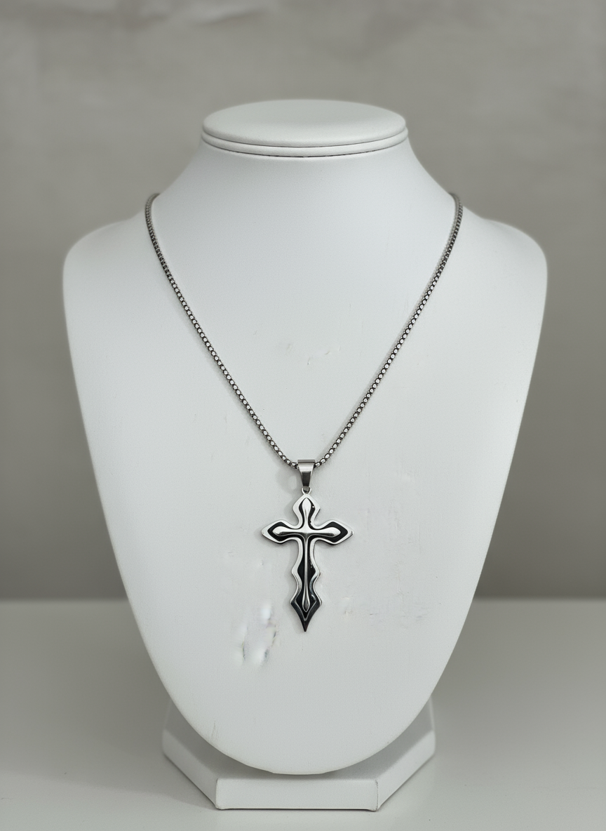 Men's Medieval Stainless Steel Cross and Hydro Black Chain Pendant, non-tarnishing hydro black and silver finish.