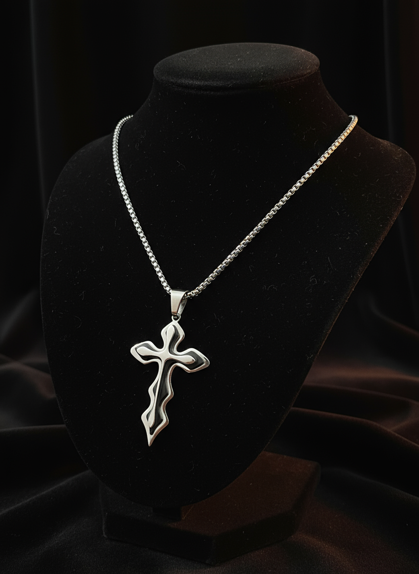 Men's Medieval Stainless Steel Cross and Hydro Black Chain Pendant, non-tarnishing hydro black and silver finish.