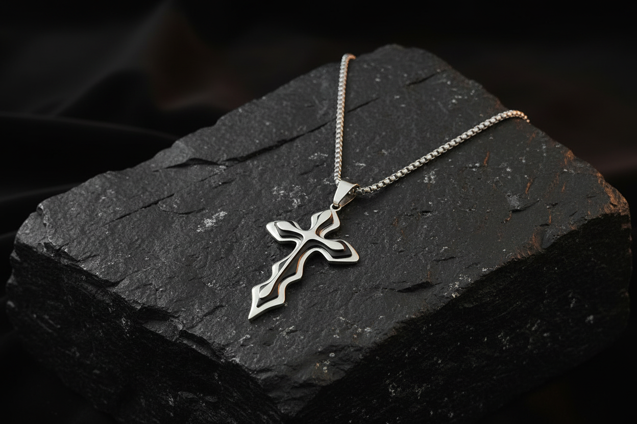 Men's Medieval Stainless Steel Cross and Hydro Black Chain Pendant, non-tarnishing hydro black and silver finish.