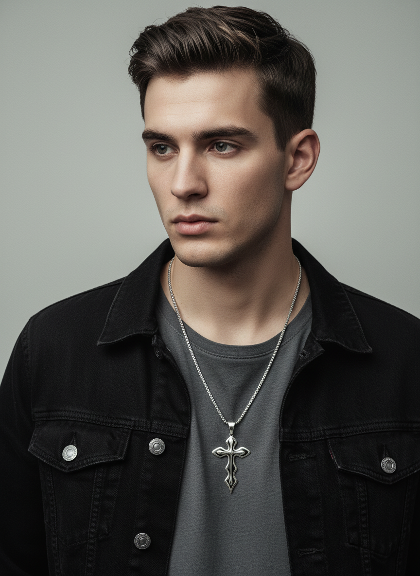 Men's Medieval Stainless Steel Cross and Hydro Black Chain Pendant, non-tarnishing hydro black and silver finish.