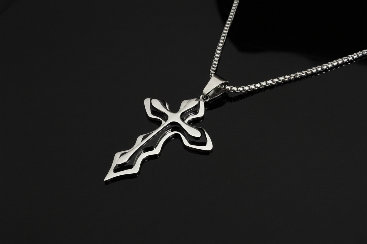 Men's Medieval Stainless Steel Cross and Hydro Black Chain Pendant, non-tarnishing hydro black and silver finish.